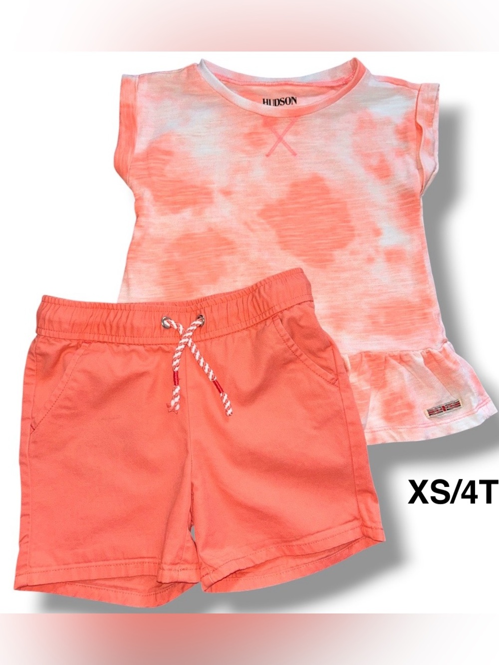 Cat & Jack Coral and White Tie-Dye Tee with Coral Shorts Outfit Size XS - 4T